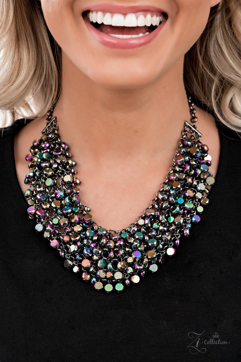 Paparazzi Accessories Vivacious Fiercely faceted oil spill beads flawlessly cascade from row after row of boldly interlocking gunmetal links that connect into an intense metallic netted backdrop. Attached to matching chunky gunmetal chains, the effervesce