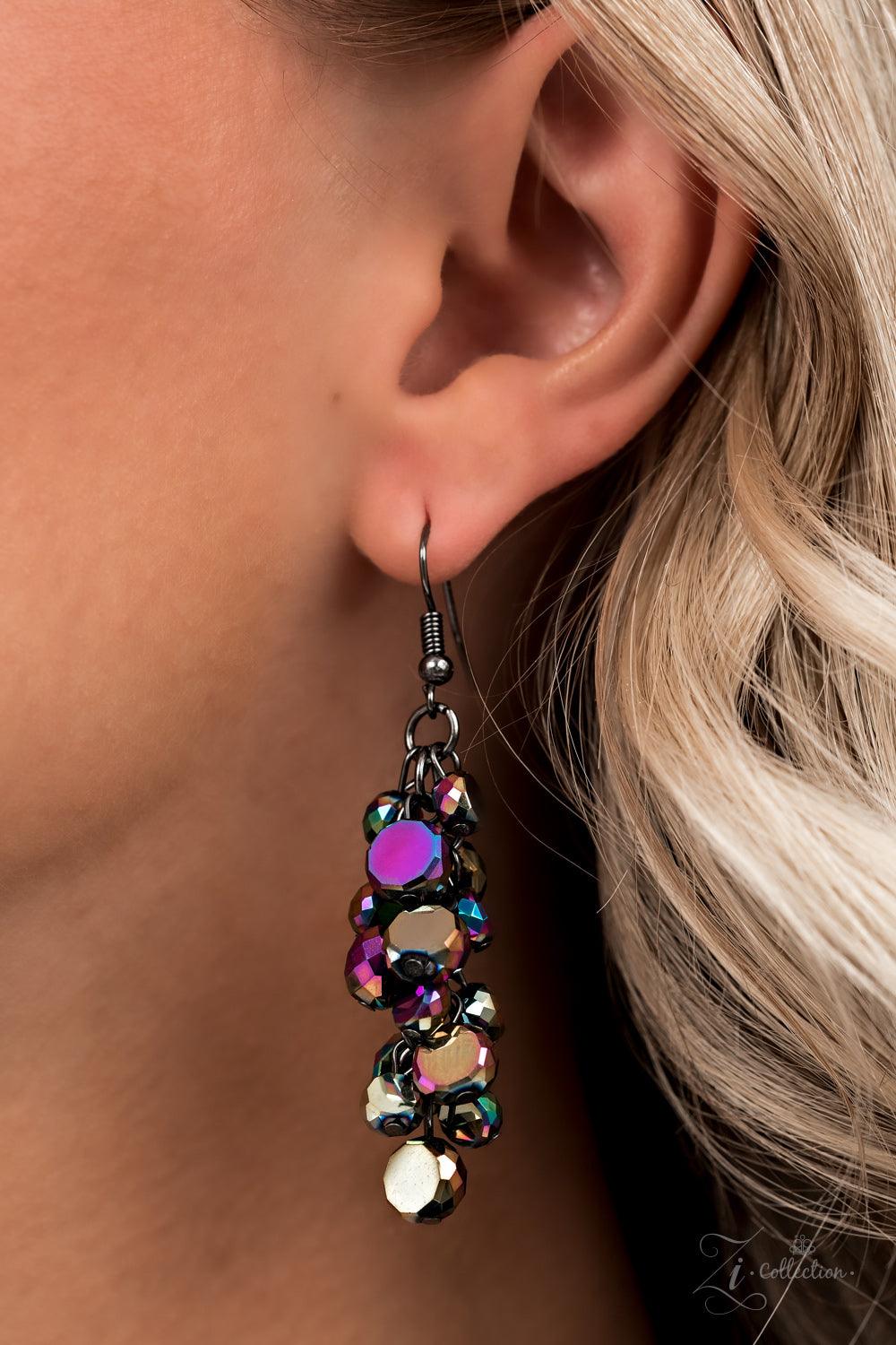 Paparazzi Accessories Vivacious Fiercely faceted oil spill beads flawlessly cascade from row after row of boldly interlocking gunmetal links that connect into an intense metallic netted backdrop. Attached to matching chunky gunmetal chains, the effervesce