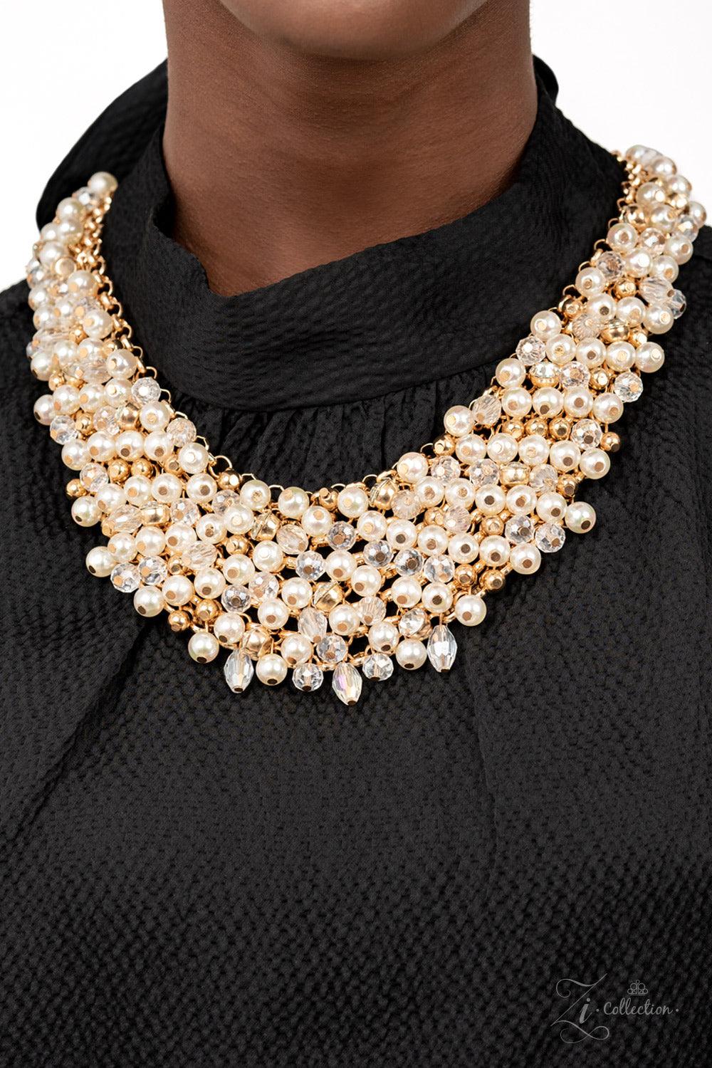 Paparazzi Accessories Sentimental Mesmerizingly mismatched crystal-like beads, white pearls, and classic white rhinestones delicately attach to a golden chain net below the collar. Jampacked with noise-making shimmer, the effervescently clustered fringe d
