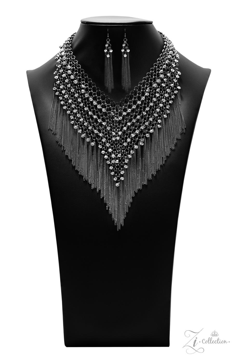 Paparazzi Accessories Impulsive Row after row of blinding white rhinestones trickle from a seemingly infinite collection of bold gunmetal links that interlock into an intensely tapered metallic net down the chest. Gritty gunmetal chains stream from the bo