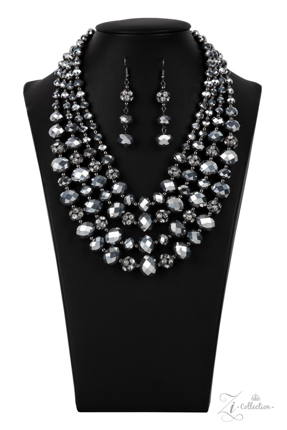 Paparazzi Accessories Influential Gradually increasing in size and intensity, dainty gunmetal beads, faceted hematite-like crystals, and white rhinestone studded gunmetal ornaments unapologetically connect into dauntless rows below the collar. The radiant