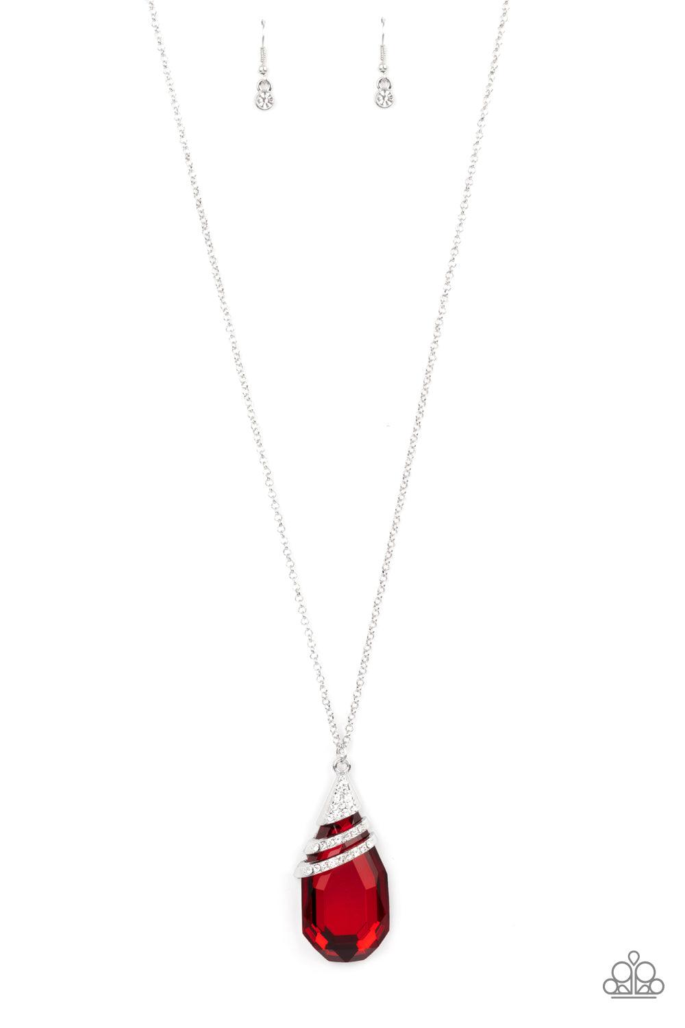 Paparazzi Accessories Demandingly Diva - Red Capped in a white rhinestone encrusted fitting, glittery silver ribbons of white rhinestones delicately wrap around the top of a dramatically oversized red teardrop gem. The fiery red pendant swings from the bo