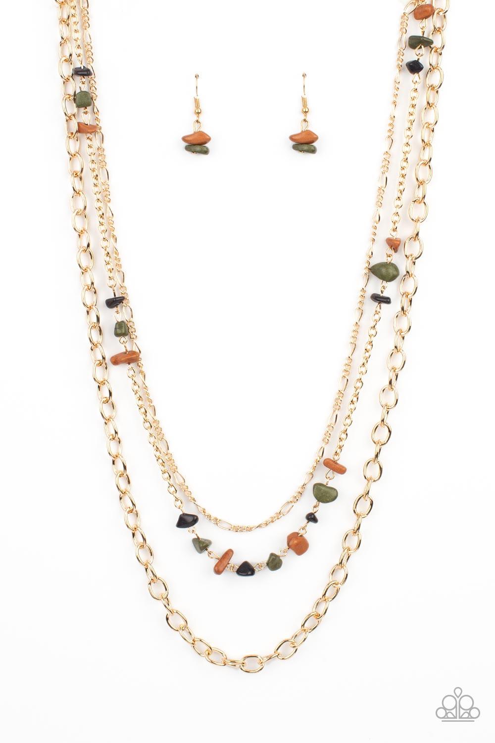 Paparazzi Accessories Artisanal Abundance - Multi Infused with sections of earthy brown, black, and green stones, a trio of mismatched gold chains layer down the chest for a dash of rustic refinement. Features an adjustable clasp closure. Sold as one indi