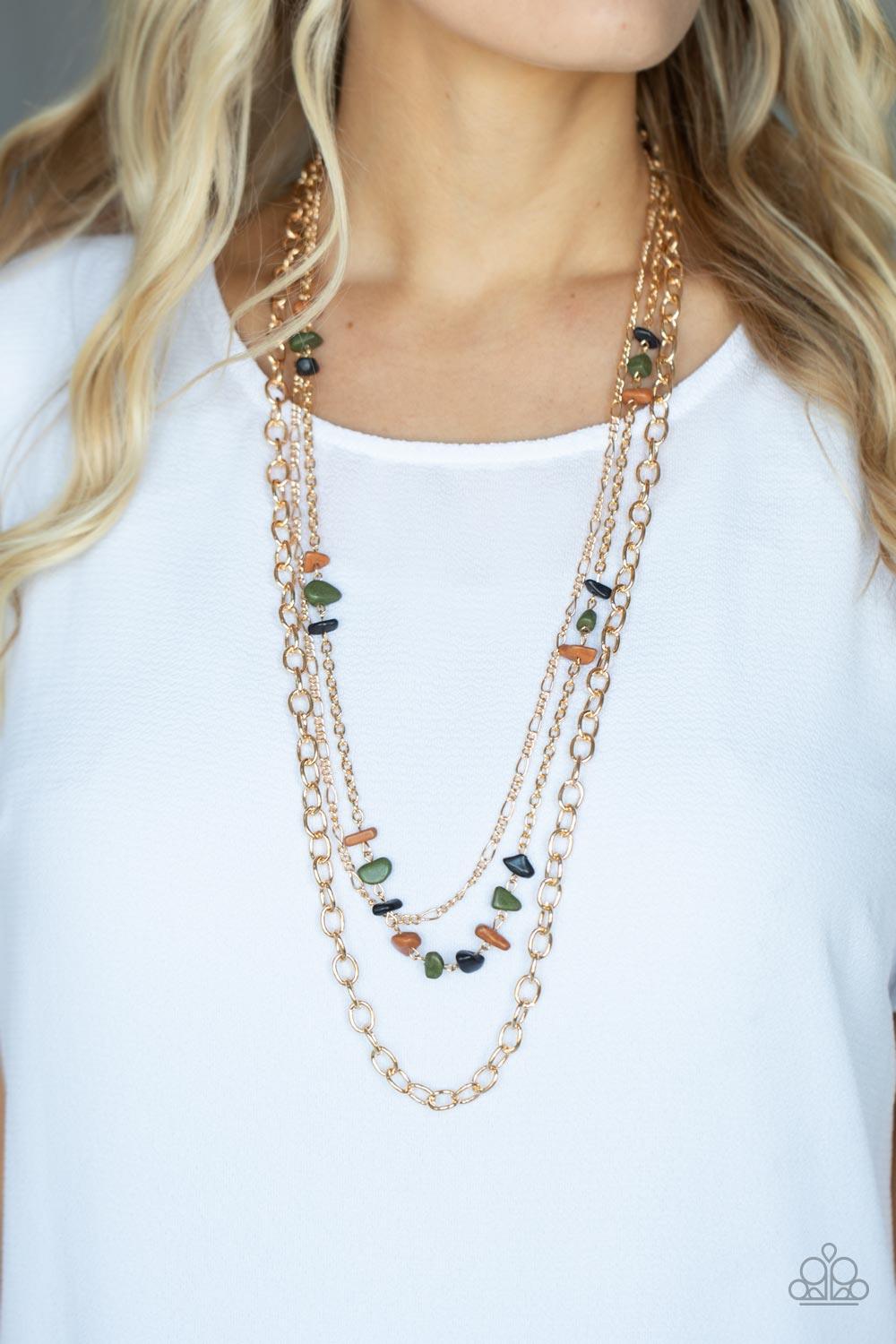 Paparazzi Accessories Artisanal Abundance - Multi Infused with sections of earthy brown, black, and green stones, a trio of mismatched gold chains layer down the chest for a dash of rustic refinement. Features an adjustable clasp closure. Sold as one indi