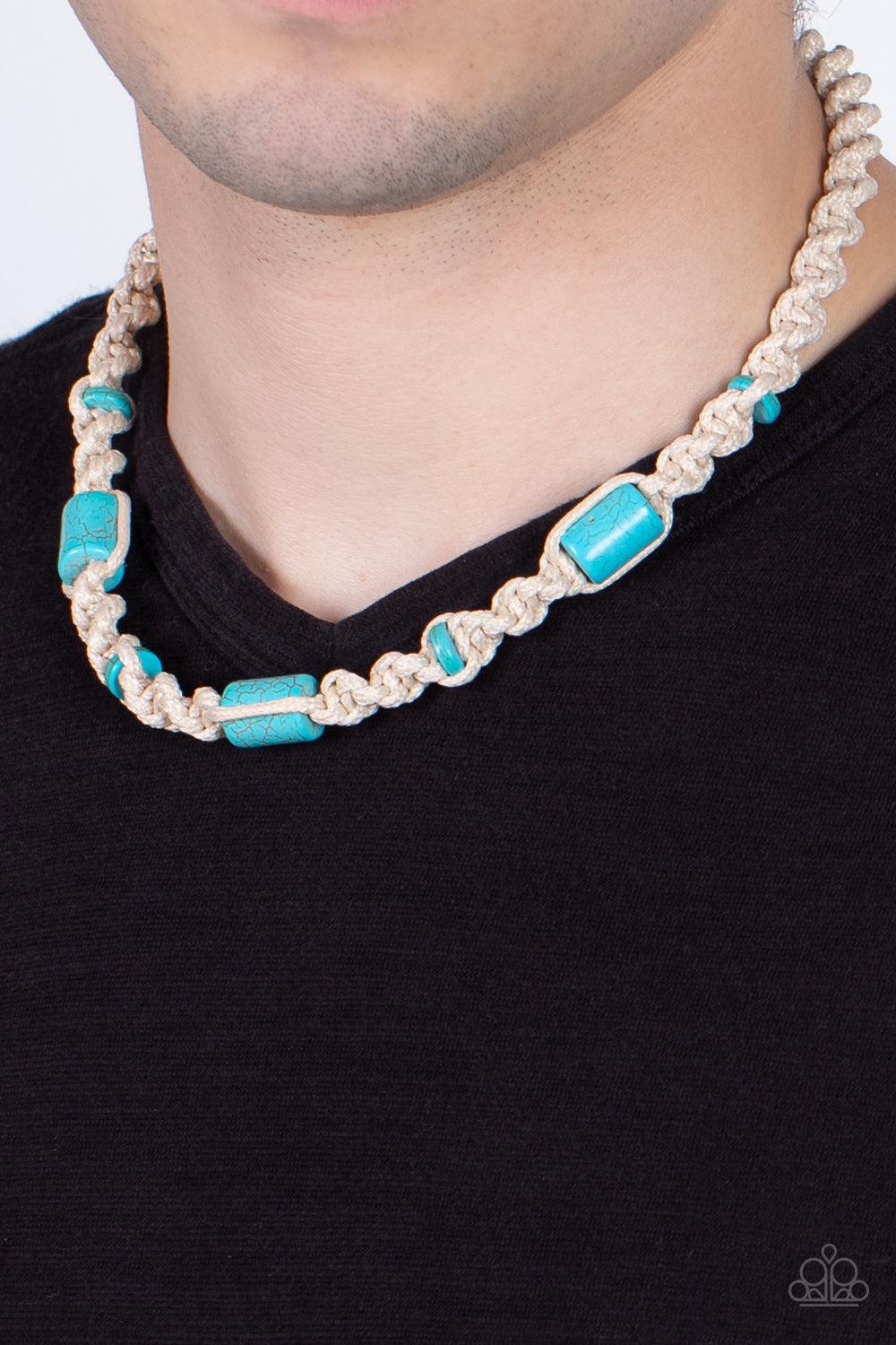 Paparazzi Accessories Explorer Exclusive - Blue Three generous cylindrical blue stones and small flat stone accents are thoughtfully woven into a macramé style necklace. The natural cord is knotted into a chunky spiral design creating a homespun sensation