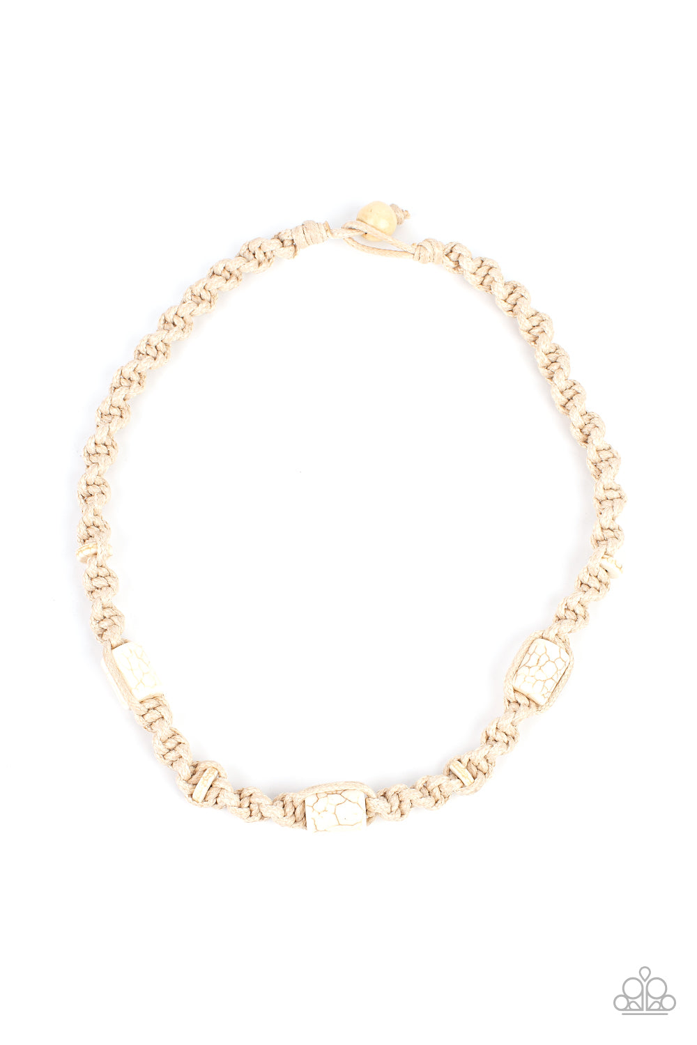 Paparazzi Accessories Explorer Exclusive - White Three cylindrical white stones and small flat stone accents are thoughtfully woven into a macramé style necklace. The natural cord is knotted into a chunky spiral design creating a homespun sensation below