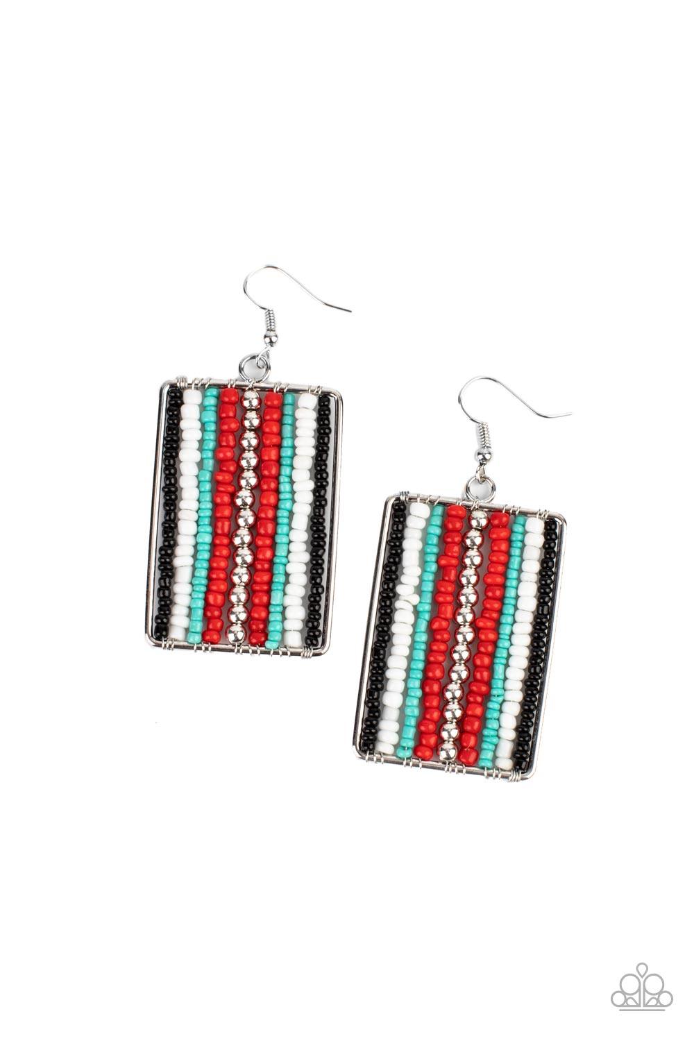 Paparazzi Accessories Beadwork Wonder - Red Infused with classic silver beads, rows of black, white, blue, and red seed beads are threaded along metal rods inside a rectangular frame for a colorful artisan inspired look. Earring attaches to a standard fis
