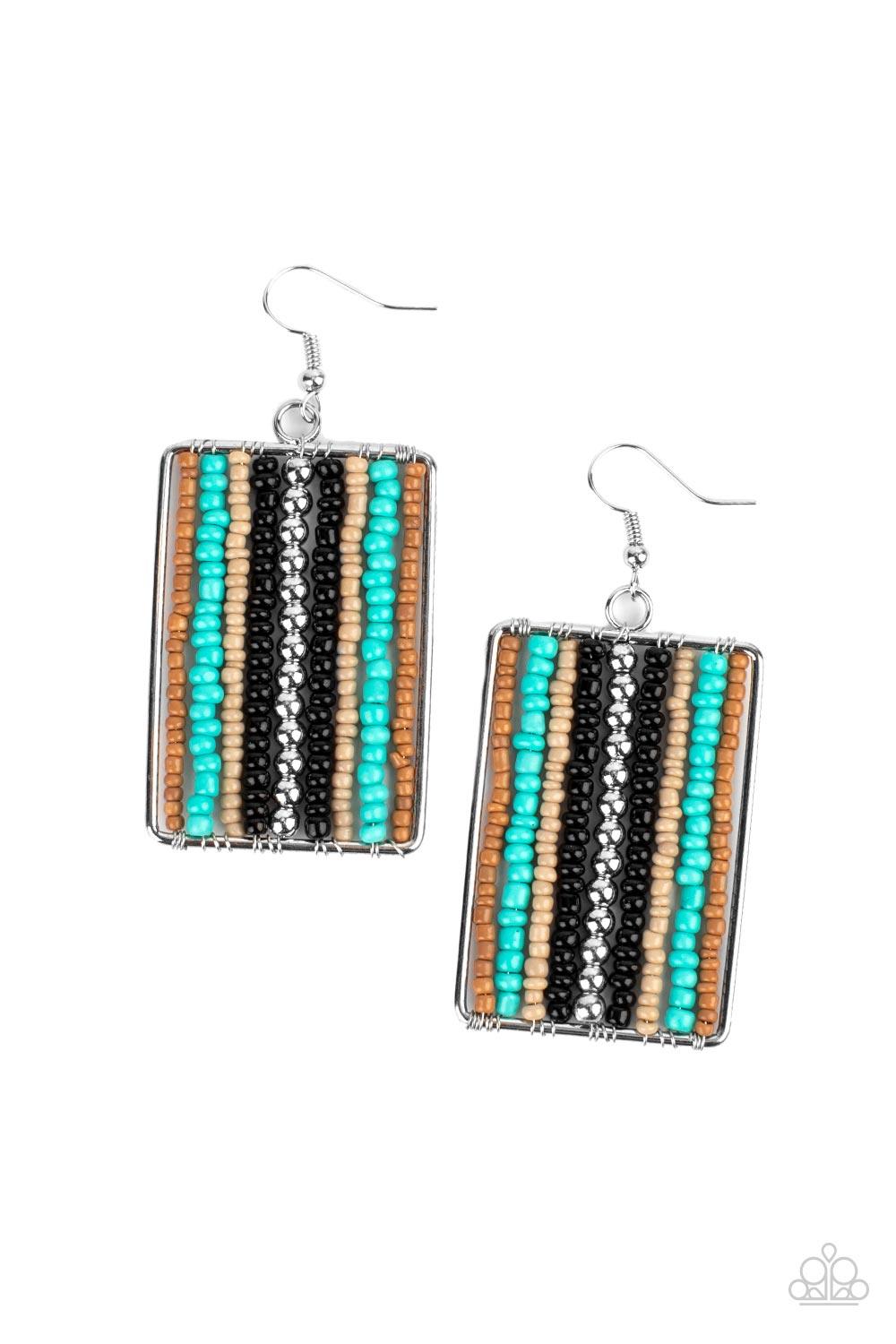 Paparazzi Accessories Beadwork Wonder - Black Infused with classic silver beads, rows of brown, turquoise, tan, and black seed beads are threaded along metal rods inside a rectangular frame for a colorful artisan inspired look. Earring attaches to a stand