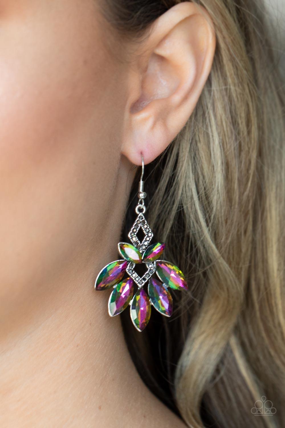 Paparazzi Accessories Galaxy Grandeur - Multi Featuring regal marquise style cuts, oversized oil spill gems fan out from smoky hematite rhinestone dotted silver frames that stack into a glamorous lure. Earring attaches to a standard fishhook fitting. Sold
