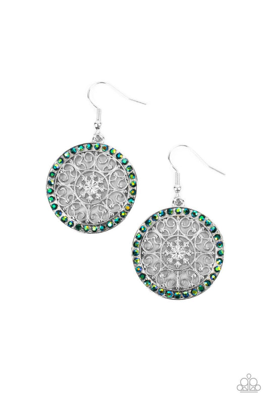Paparazzi Accessories Bollywood Ballroom - Green Infused with a border of iridescent green rhinestones, studded silver heart shape filigree fans out from a decorative silver floral center for a whimsical look. Earring attaches to a standard fishhook fitti