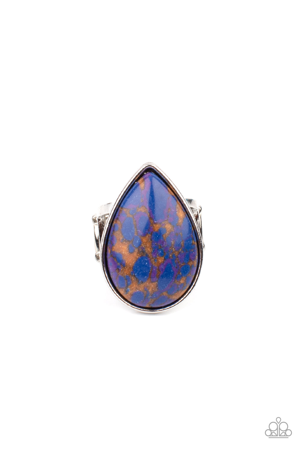 Paparazzi Accessories Stormy Sunrise - Purple A generous polished blue stone infused with veins of brown and purple is encased in a simple silver teardrop frame resulting in a seasonal finish atop the finger. Features a stretchy band for a flexible fit. S
