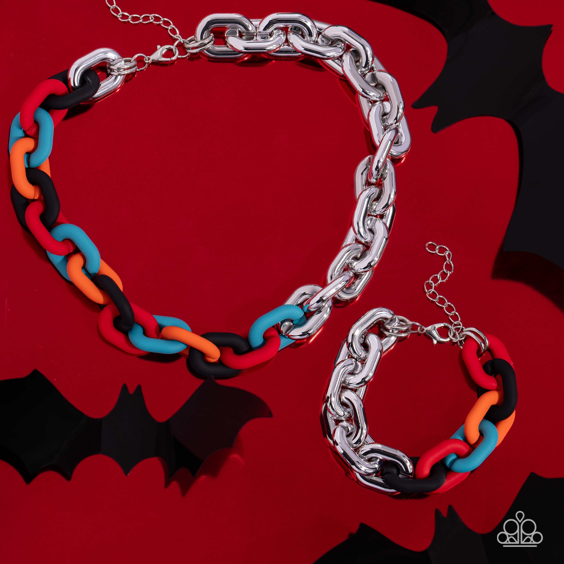 Paparazzi Accessories Candid Contrast - Black A strand of oversized silver curb chain collides with black, red, turquoise, and orange acrylic curb links to create an abstract blend of grit and color. The oversized links of the colored curb chain offset th