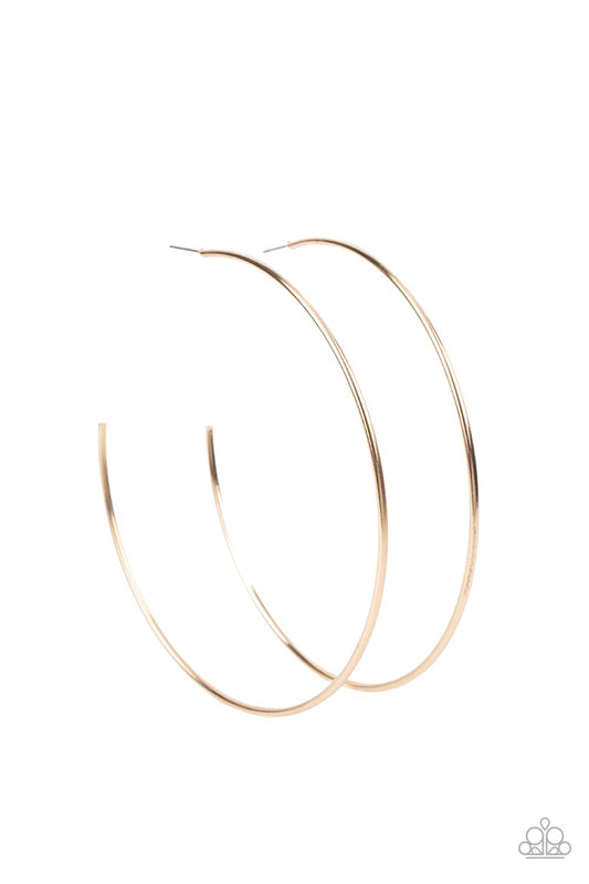 Paparazzi Accessories Colossal Couture - Gold A classic gold bar curls into an outrageously oversized hoop for a trendsetting look. Earring attaches to a standard post fitting. Hoop measures approximately 4" in diameter. Sold as one pair of hoop earrings.