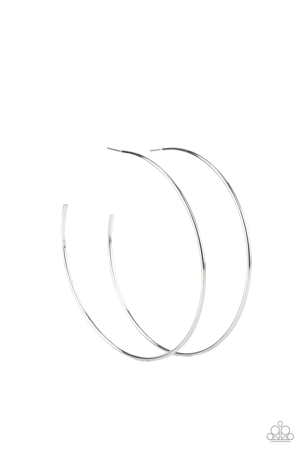 Paparazzi Accessories Colossal Couture - Silver A classic silver bar curls into an outrageously oversized hoop for a trendsetting look. Earring attaches to a standard post fitting. Hoop measures approximately 4" in diameter. Sold as one pair of hoop earri