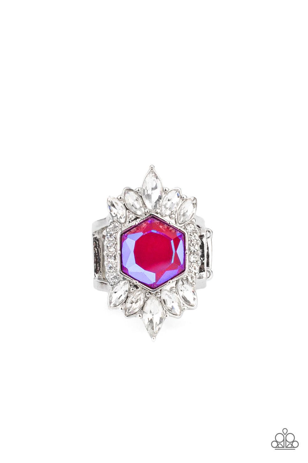 Paparazzi Accessories Divine Intervention - Pink Featuring a radiant UV shimmer, a hexagonal pink rhinestone is pressed into the center of round and marquise cut white rhinestones that dramatically coalesce into an out-of-this-world centerpiece atop the f