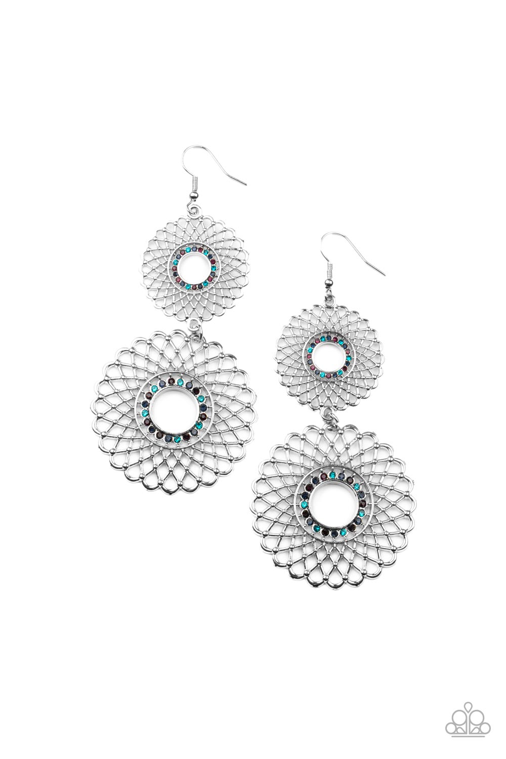 Paparazzi Accessories Regal Roulette - Mutli Airy silver petals infinitely overlap into two dizzying silver floral medallions. Rings of dainty multicolored rhinestones adorn the center, adding a dash of dazzle. Earring attaches to a standard fishhook fitt