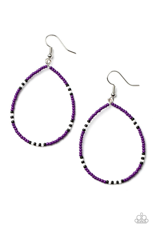 Paparazzi Accessories Keep Up The Good BEADWORK - Purple Broken up with sections of black and white seed beads, a dainty collection of purple seed beads are threaded along an invisible wire, creating a colorful teardrop. Earring attaches to a standard fis