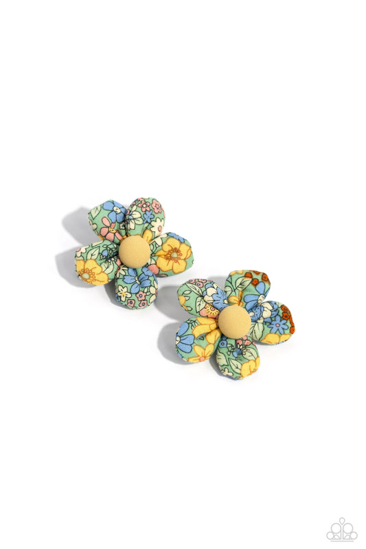 Paparazzi Accessories Quilted Paradise - Green Dotted with yellow button top centers, colorful floral fabrics gather into a pair of puffy blossoms. Features standard hair clips on the back. Sold as one pair of hair clips. Jewelry