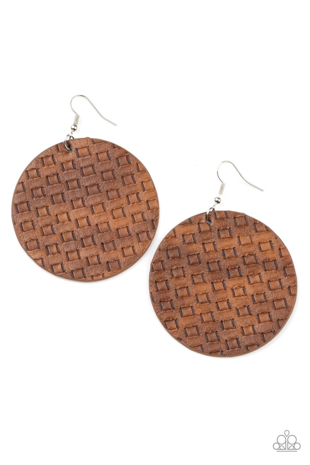 Paparazzi Accessories WEAVE Me Out Of It - Brown Featuring a faux woven pattern a leathery brown frame swings from the ear for an earthy artisan fashion. Earring attaches to a standard fishhook fitting. Sold as one pair of earrings. Jewelry