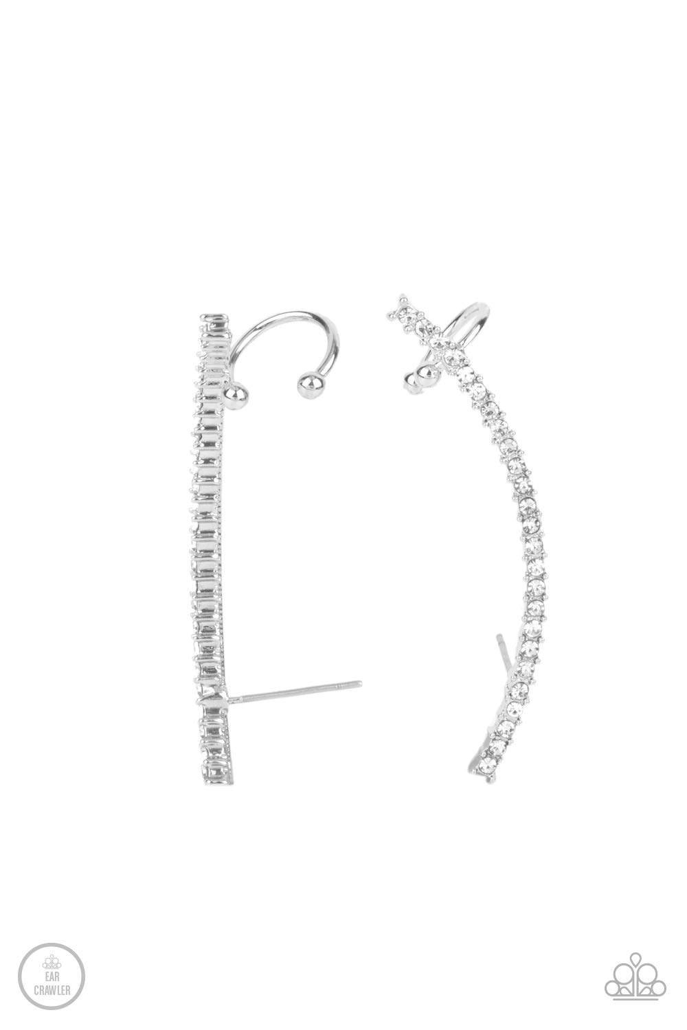 Paparazzi Accessories Sleekly Shimmering - White Featuring pronged silver fittings, a dainty row of stacked white rhinestones gently curves as it climbs the ear for a flawless fashion. Features a dainty cuff attached to the top for a secure fit. Sold as o