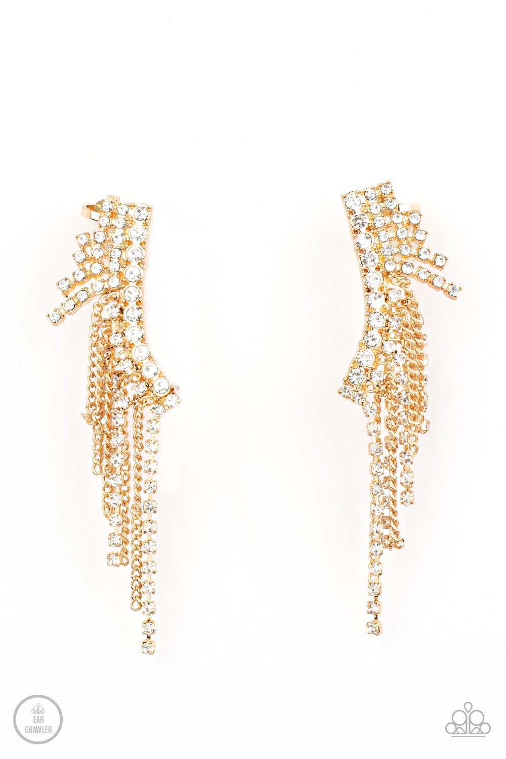 Paparazzi Accessories Thunderstruck Sparkle - Gold A tapered fringe of dainty gold chains and glittery strands of white rhinestones cascades from the edge of a curving white rhinestone encrusted frame, creating an edgy centerpiece. Features a clip-on fitt