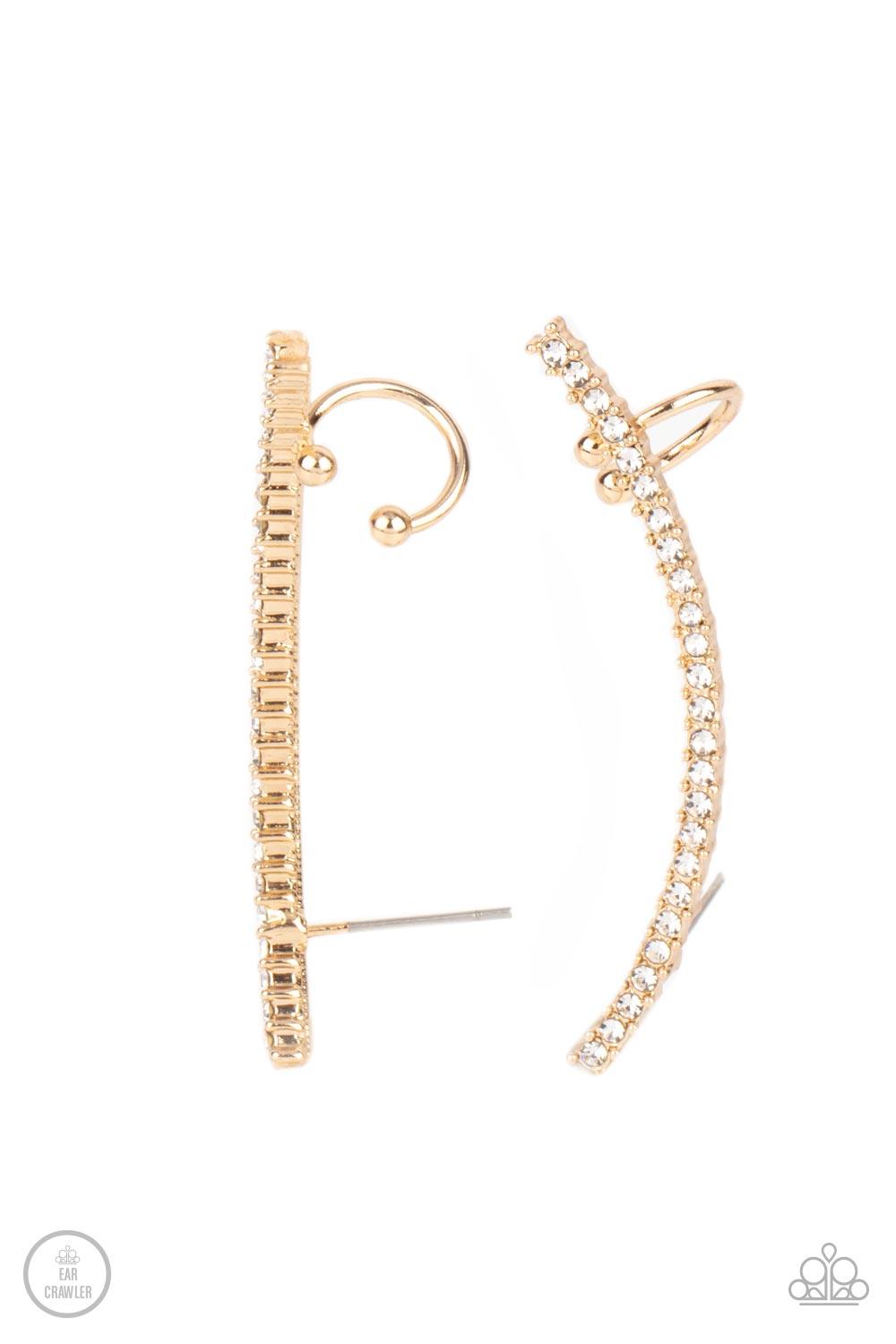 Paparazzi Accessories Sleekly Shimmering - Gold Featuring pronged gold fittings, a dainty row of stacked white rhinestones gently curves as it climbs the ear for a flawless fashion. Features a dainty cuff attached to the top for a secure fit. Sold as one