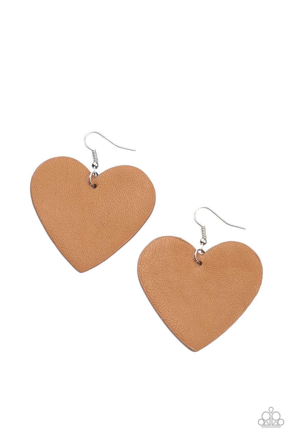 Paparazzi Accessories Country Crush - Brown A tan leather heart frame swings from the ear for a flirtatiously neutral pop of color. Earring attaches to a standard fishhook fitting. Sold as one pair of earrings. Jewelry