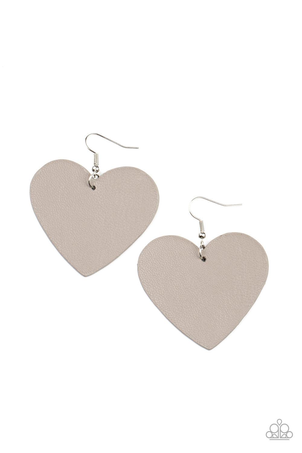 Paparazzi Accessories Country Crush - Silver An Ultimate Gray leather heart frame swings from the ear for a flirtatiously neutral pop of color. Earring attaches to a standard fishhook fitting. Sold as one pair of earrings. Earrings