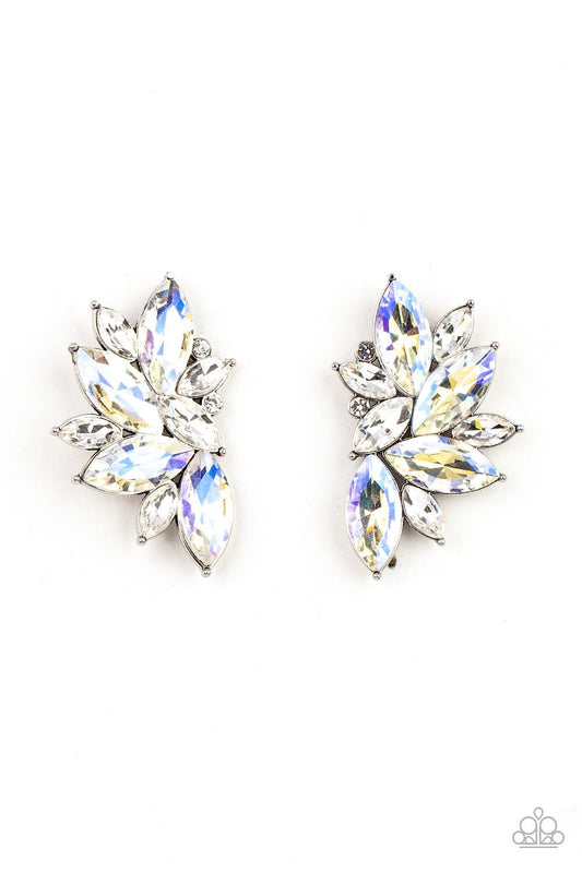 Paparazzi Accessories Instant Iridescence - White Infused with dainty white rhinestones, a stellar display of iridescent and white marquise cut rhinestones fan out into a spectacular centerpiece. Earring attaches to a standard post fitting. Sold as one pa