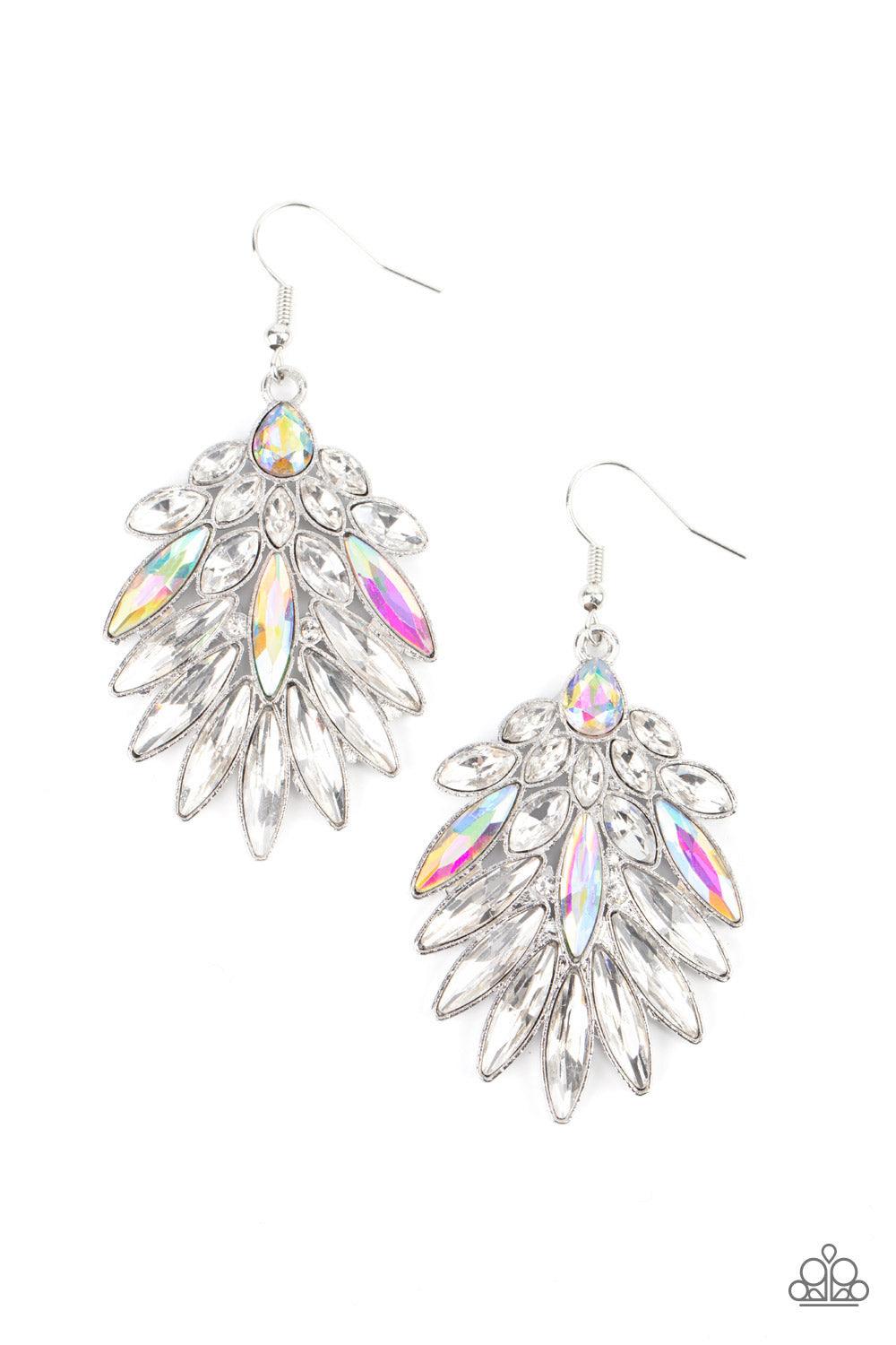 Paparazzi Accessories COSMIC-politan An iridescent/Silver teardrop rhinestone gives way to a sparkly fan of classic white and oblong iridescent marquise cut rhinestones, coalescing into an out-of-this-world statement piece. Earring attaches to a standard