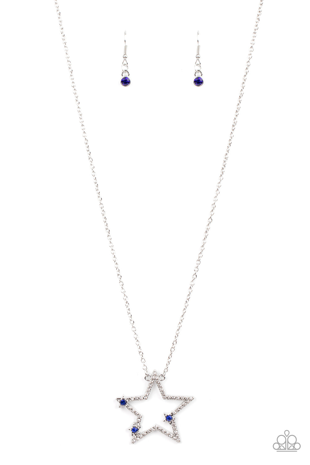 Paparazzi Accessories I Pledge Allegiance to the Sparkle - Blue Dotted with glassy blue rhinestone centers, a dainty trio of silver stars haphazardly dots the front of a white rhinestone encrusted silver star pendant for a stellar patriotic look. Features