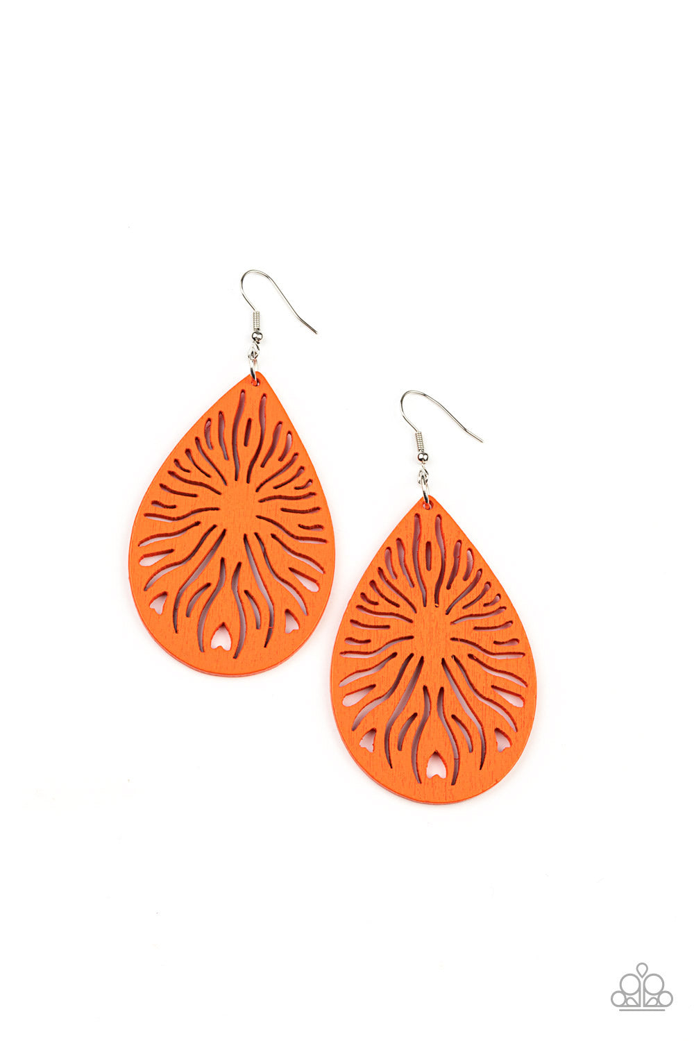 Paparazzi Accessories Sunny Incantations - Orange A whimsical sunburst pattern is cutout from an orange wooden teardrop, creating a simply seasonal frame. Earring attaches to a standard fishhook fitting. Sold as one pair of earrings. Jewelry