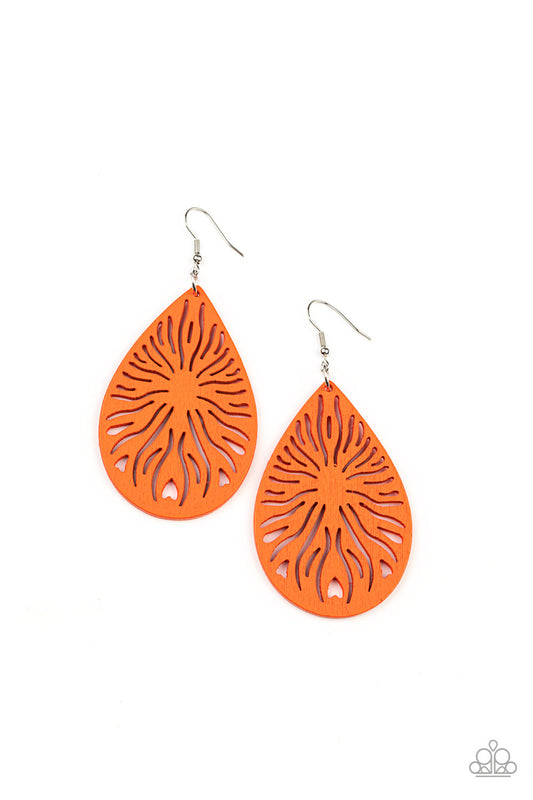 Paparazzi Accessories Sunny Incantations - Orange A whimsical sunburst pattern is cutout from an orange wooden teardrop, creating a simply seasonal frame. Earring attaches to a standard fishhook fitting. Sold as one pair of earrings. Jewelry