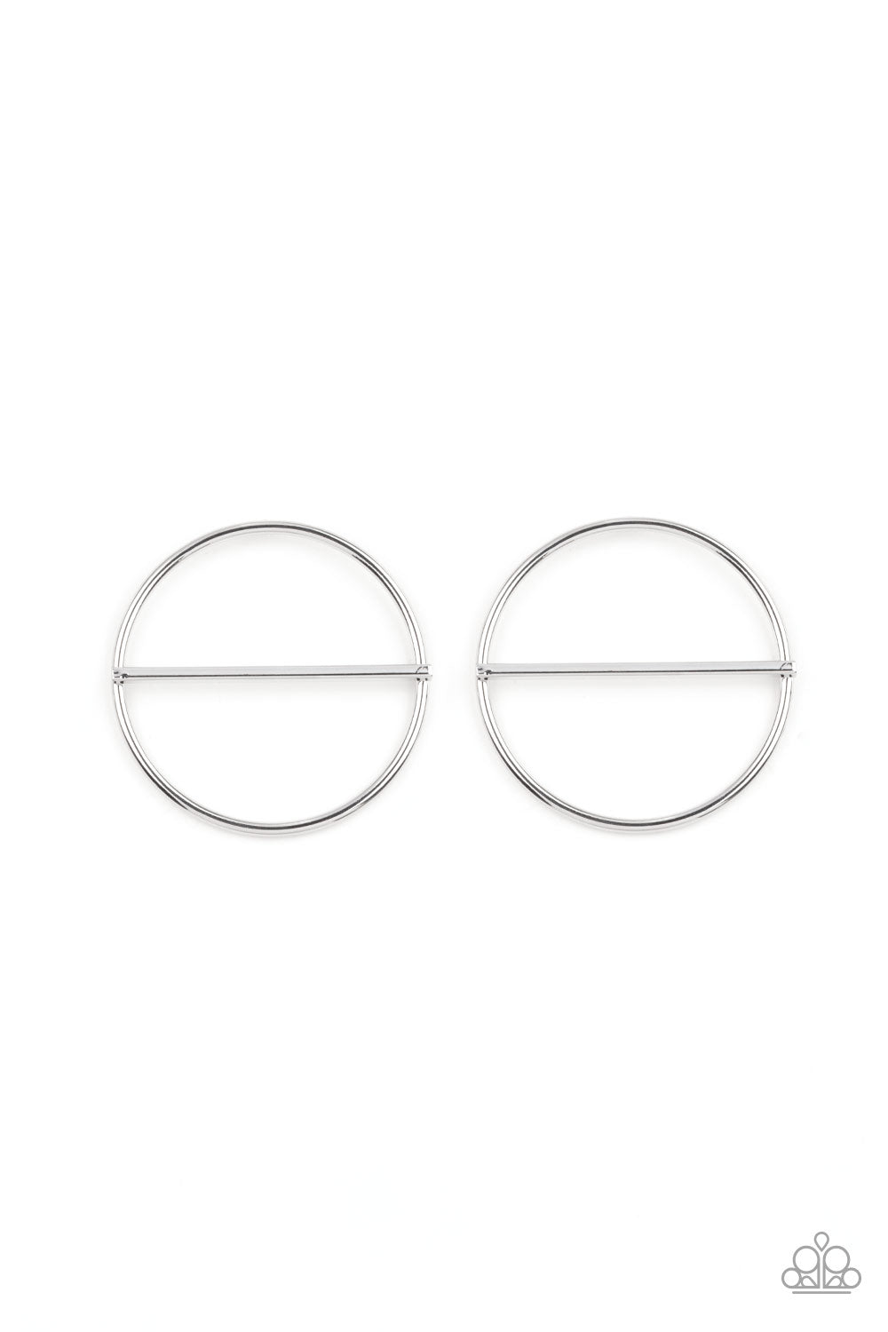 Paparazzi Accessories Dynamic Diameter - Silver A glistening silver bar runs horizontally across the center of an oversized silver hoop, adding a timeless twist to the classic display. Earring attaches to a standard post fitting. Sold as one pair of post