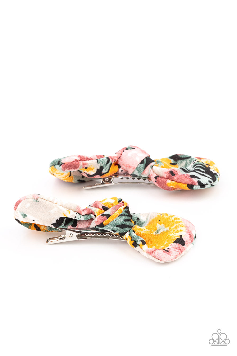 Paparazzi Accessories Pastime Picnic - Multi Featuring hints of yellow, green, pink and gray, colorful pieces of fabric delicately knot into a pair of whimsical hair bows for a seasonal look. Features standard hair clips on the back. Featured inside The P