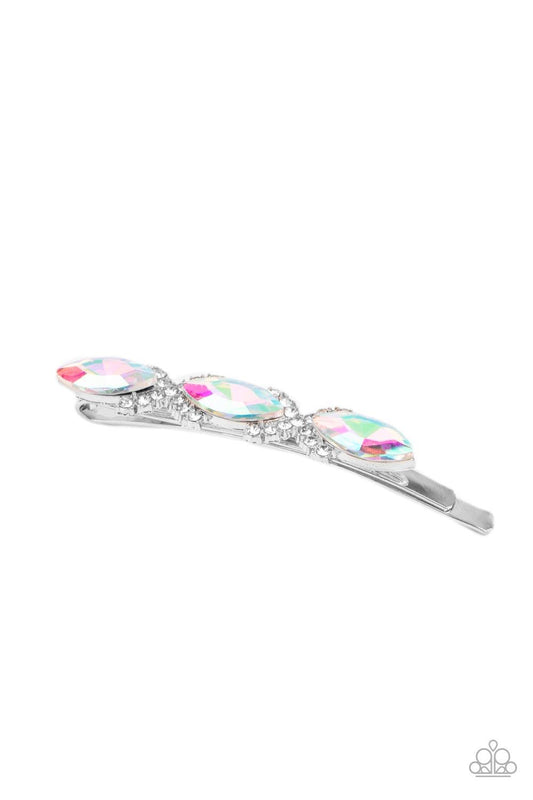 Paparazzi Accessories Stellar Socialite - Multi Crisscrossed ribbons of glassy white rhinestones separate a trio of shimmery UV marquise cut gems across the front of a classic silver bobby pin for a stellar fashion. Sold as one individual decorative bobby