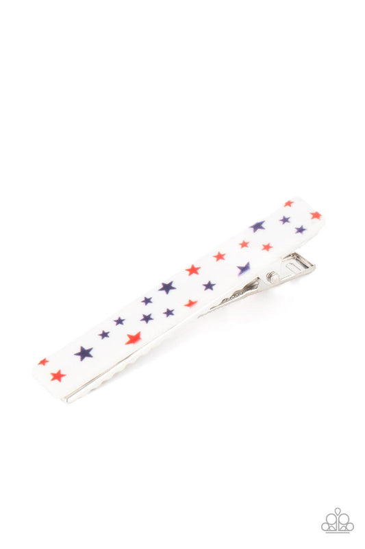 Paparazzi Accessories Prettiest Patriot - Multi Spangled in blue and red stars, a classic white hair clip pulls back the hair for a patriotic inspired fashion. Features a standard hair clip on the back. Sold as one individual hair clip. Hair Claws & Clips