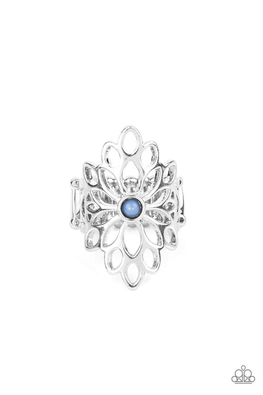 Paparazzi Accessories Perennial Daydream - Blue A smattering of airy silver petals blooms from a tranquil Spring Lake bead, creating an enchanting floral centerpiece atop the finger. Features a stretchy band for a flexible fit. Sold as one individual ring