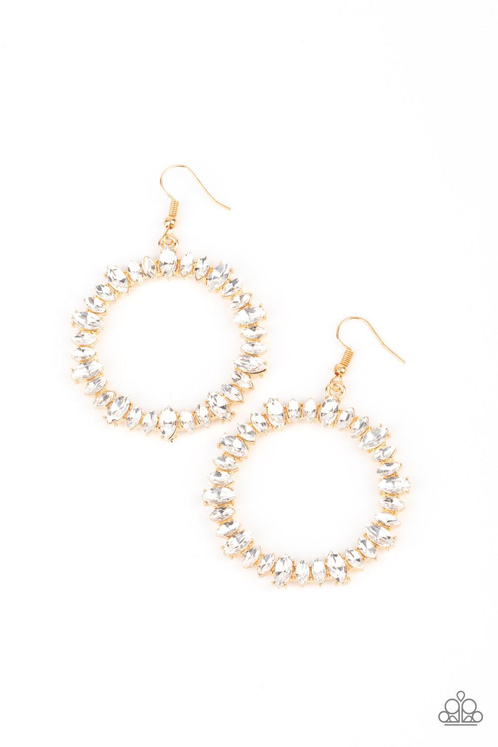 Paparazzi Accessories Glowing Reviews - Gold Encased in gold pronged fittings, an incandescent array of white marquise cut rhinestones delicately coalesce into a glowing hoop. Earring attaches to a standard fishhook fitting. Sold as one pair of earrings.