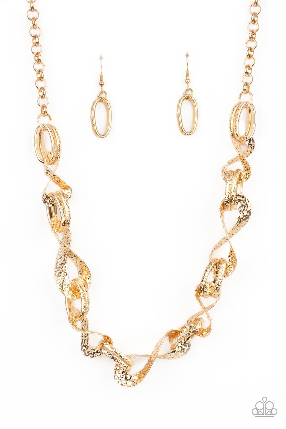 Paparazzi Accessories METAL of Honor - Gold Hammered and embossed in geometric detail, pairs of gold links connect with twisting gold oval frames below the collar for an edgy, but refined look. Features an adjustable clasp closure. Sold as one individual