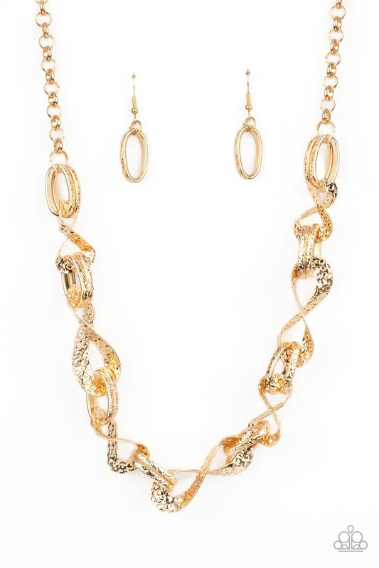 Paparazzi Accessories METAL of Honor - Gold Hammered and embossed in geometric detail, pairs of gold links connect with twisting gold oval frames below the collar for an edgy, but refined look. Features an adjustable clasp closure. Sold as one individual
