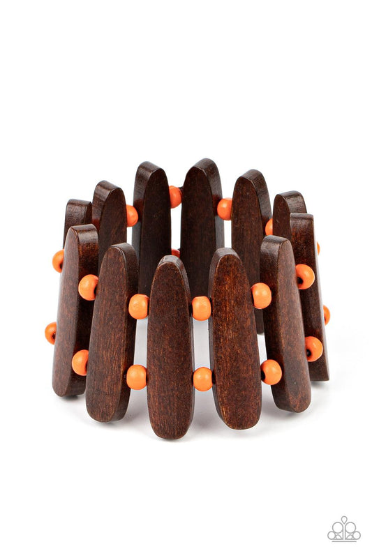Paparazzi Accessories Coronado Cabana - Orange Pairs of Burnt Orange wooden beads and oblong brown wooden frames alternate along stretchy bands around the wrist for a seasonal pop of color. Sold as one individual bracelet. Jewelry