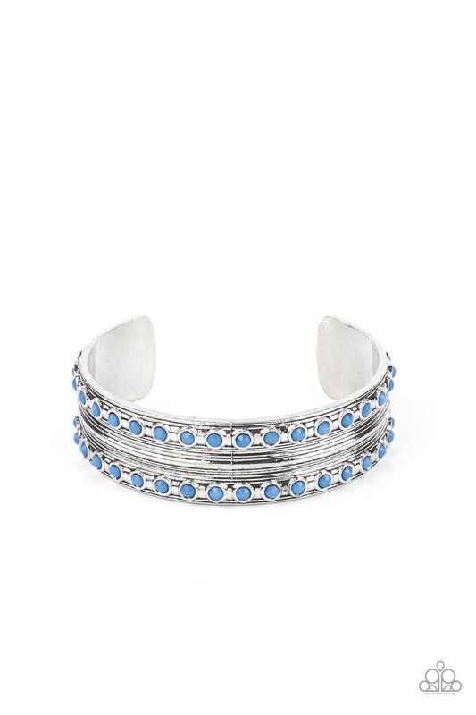 Paparazzi Accessories Costa Rica Retreat - Blue Etched and embossed in stacks of linear texture, an antiqued silver cuff is bordered in rows of faceted Spring Lake beads for a refreshing finish. Sold as one individual bracelet. Bracelets