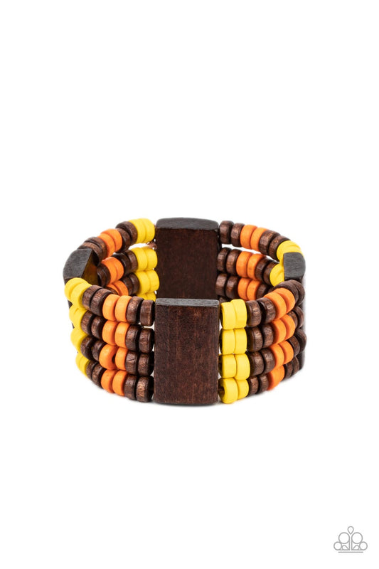 Paparazzi Accessories Aruba Attire - Multi Rows of earthy brown, Illuminating, and Burnt Orange wooden discs join rectangular brown wooden frames along stretchy bands around the wrist for a simply seasonal look. Sold as one individual bracelet. Jewelry