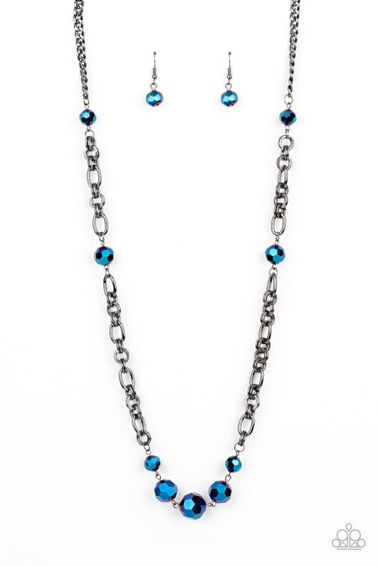 Paparazzi Accessories Prismatic Pick-Me-Up - Multi Featuring an oil spill iridescence, faceted metallic blue beads adorn sections of chunky gunmetal chains across the chest for a gritty glamorous fashion. Features an adjustable clasp closure. Sold as one