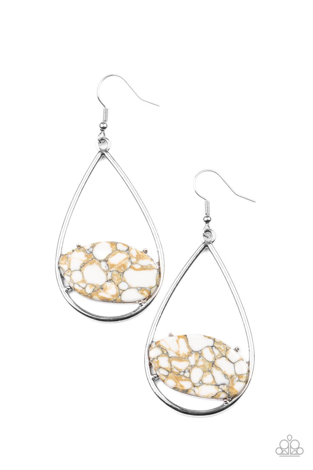 Paparazzi Accessories Tropical Terrazzo - White Featuring a colorful terrazzo-like finish, an earthy oval stone is nestled inside the bottom of an airy silver teardrop for a modern look. Earring attaches to a standard fishhook fitting. Sold as one pair of