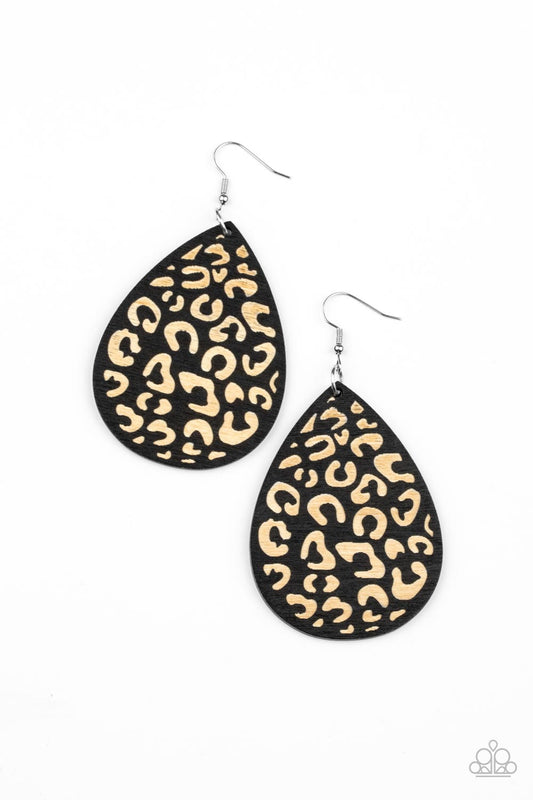Paparazzi Accessories Suburban Jungle - Black A black wooden teardrop frame is etched in a cheetah-like pattern, creating a wildly fabulous fashion. Earring attaches to a standard fishhook fitting. Sold as one pair of earrings. Earrings