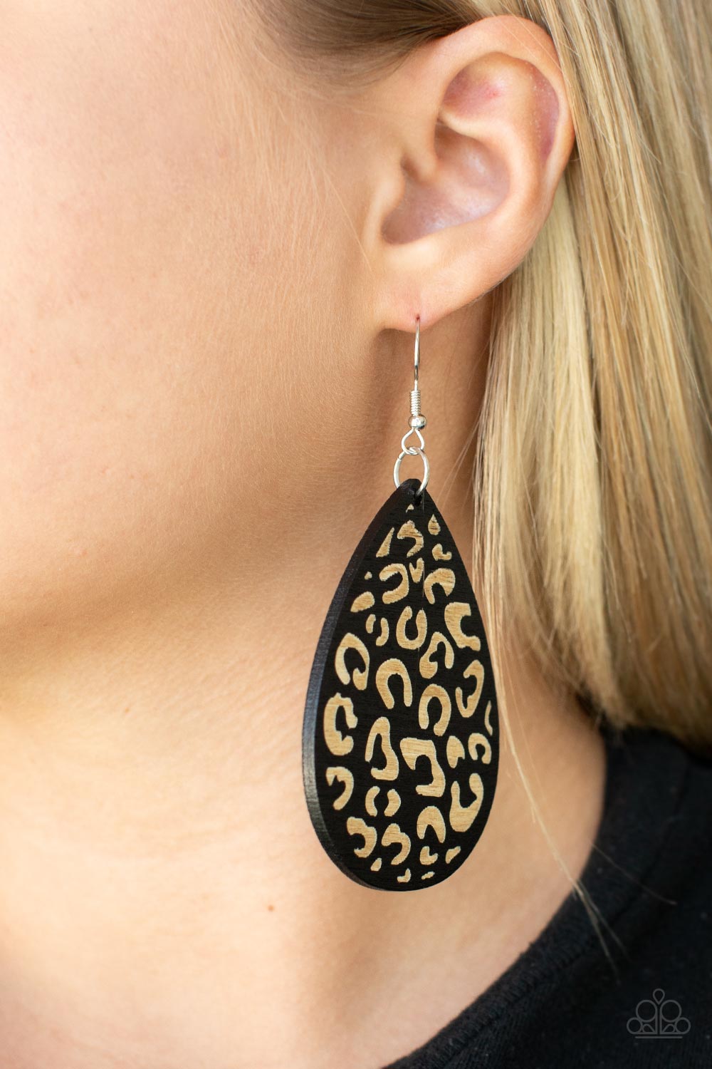 Paparazzi Accessories Suburban Jungle - Black A black wooden teardrop frame is etched in a cheetah-like pattern, creating a wildly fabulous fashion. Earring attaches to a standard fishhook fitting. Sold as one pair of earrings. Earrings