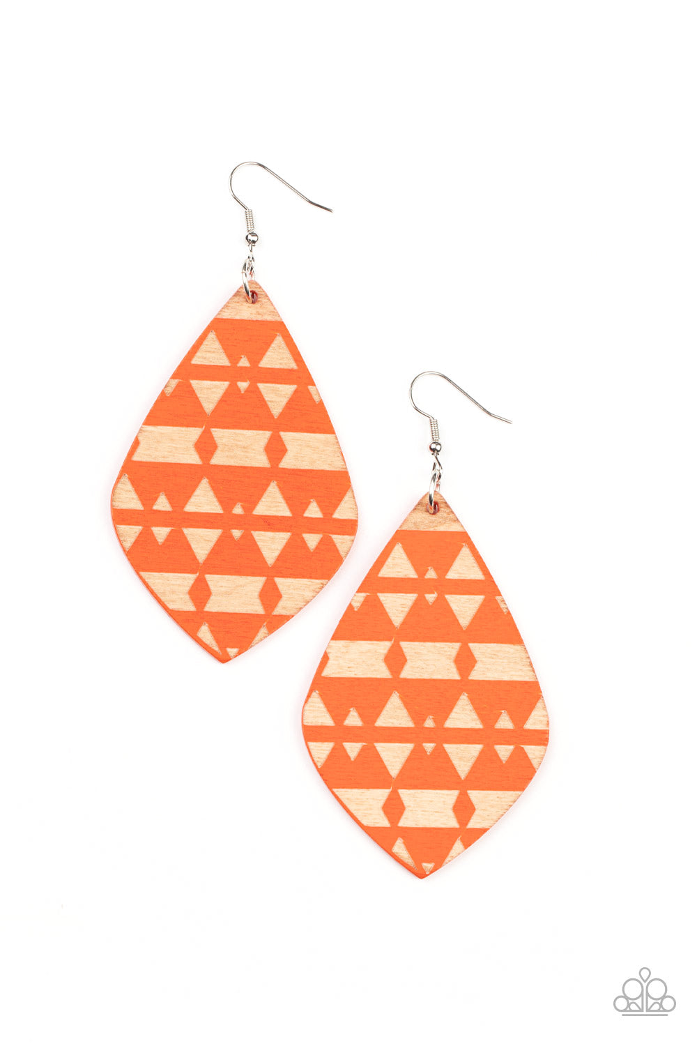 Paparazzi Accessories Zimbabwe Zoo - Orange An orange diamond shaped wooden frame is etched in a geometric tribal pattern, creating a vivacious display. Earring attaches to a standard fishhook fitting. Sold as one pair of earrings. Jewelry