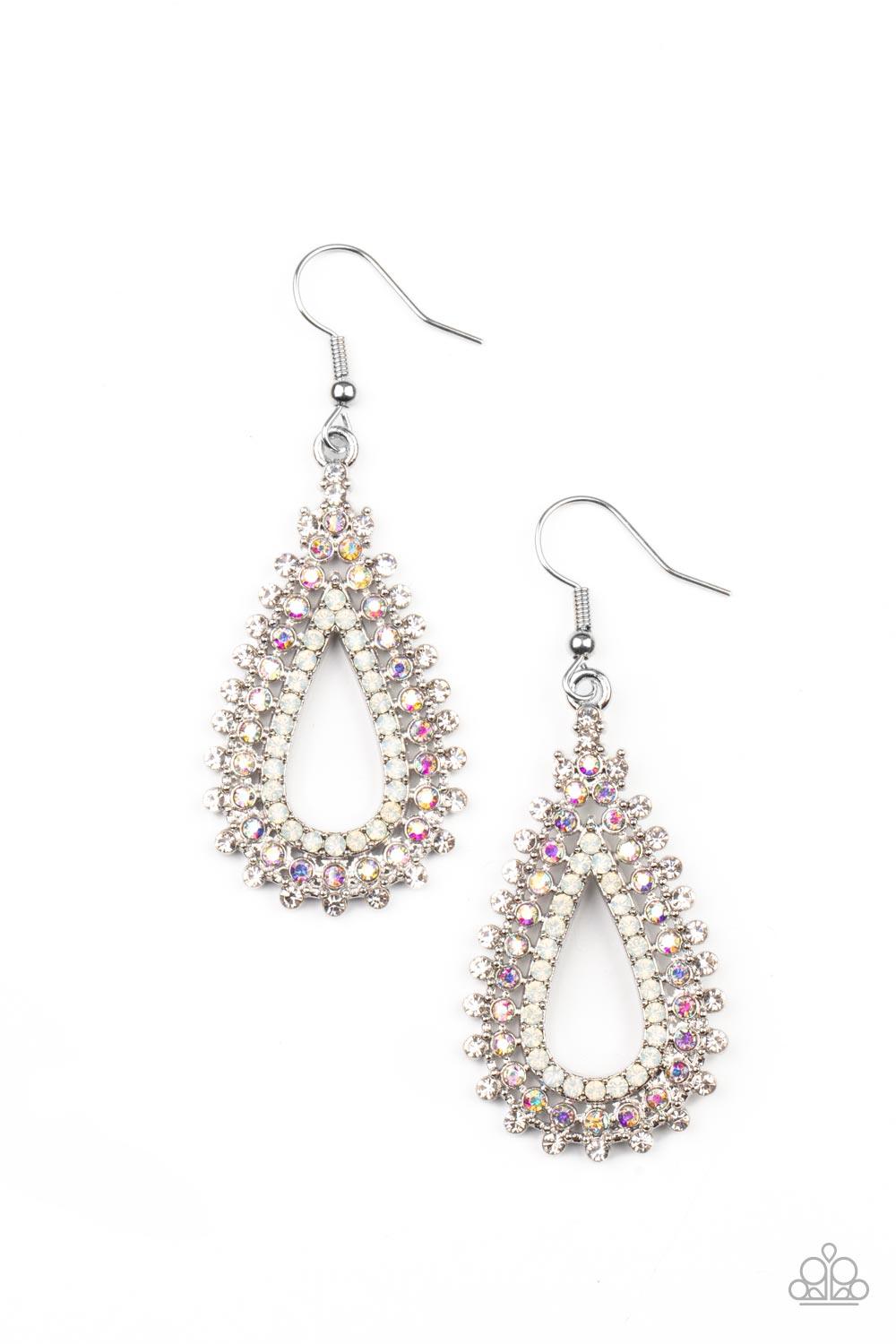 Paparazzi Accessories The Works - Multi Glittery rows of white, iridescent, and opal rhinestones stack into a solitaire sparkly teardrop frame for a glamorous fashion. Earring attaches to a standard fishhook fitting. Sold as one pair of earrings. Earrings